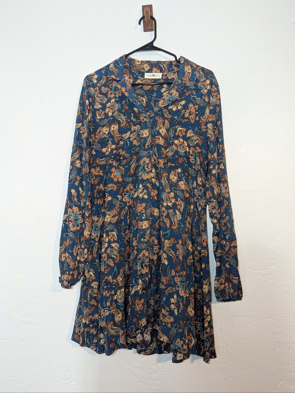 Natural Life Paisley Floral Long-Sleeve Tunic Shirt Dress Boho Coastal Cowgirl L